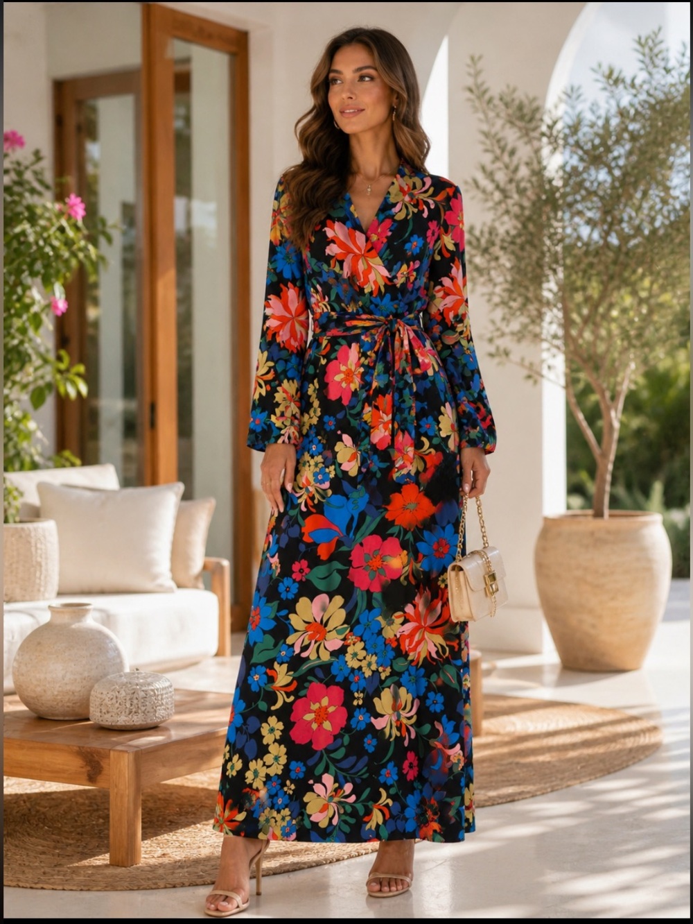 New One Fine Day Black Floral Wrap Maxi Dress with Vibrant Blooms size 10